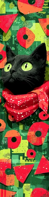 Cat bookmarks featuring a red scarf black cat on green